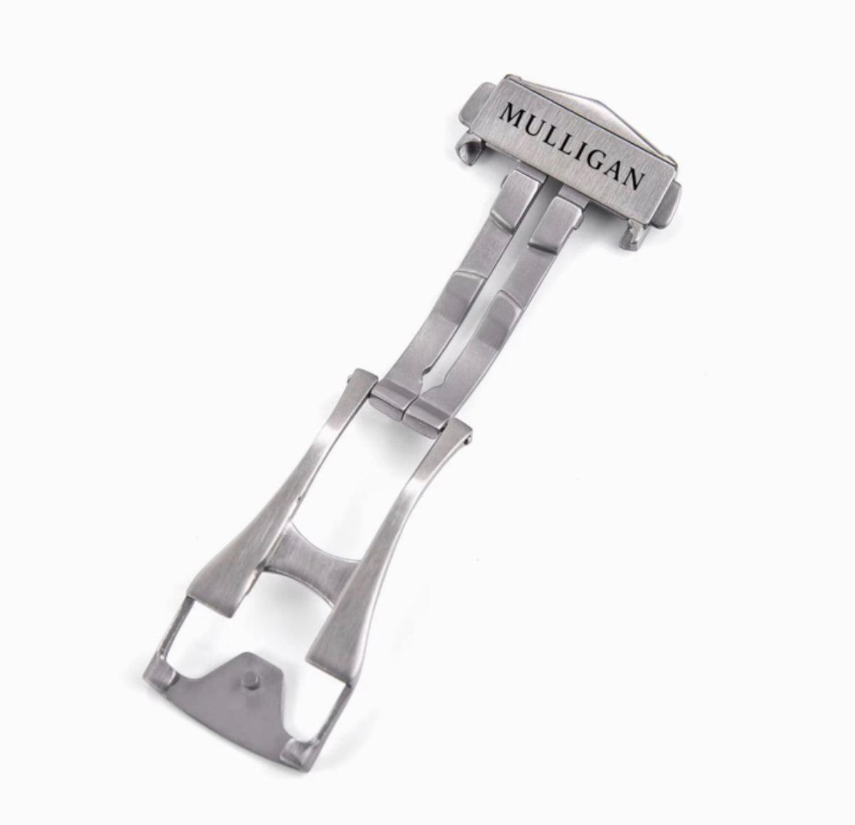 Brushed steel deployant clasp engraved Mulligan, open