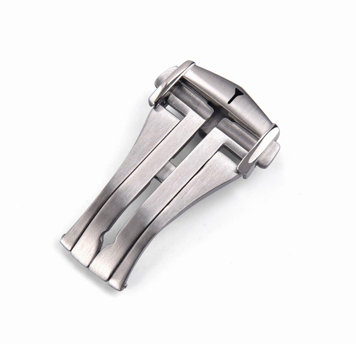 Brushed steel deployant clasp with tee emblem, closed