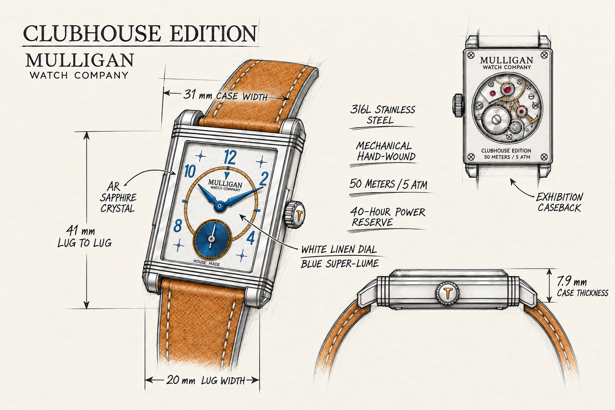 Clubhouse Edition technical drawing with case dimensions and movement details