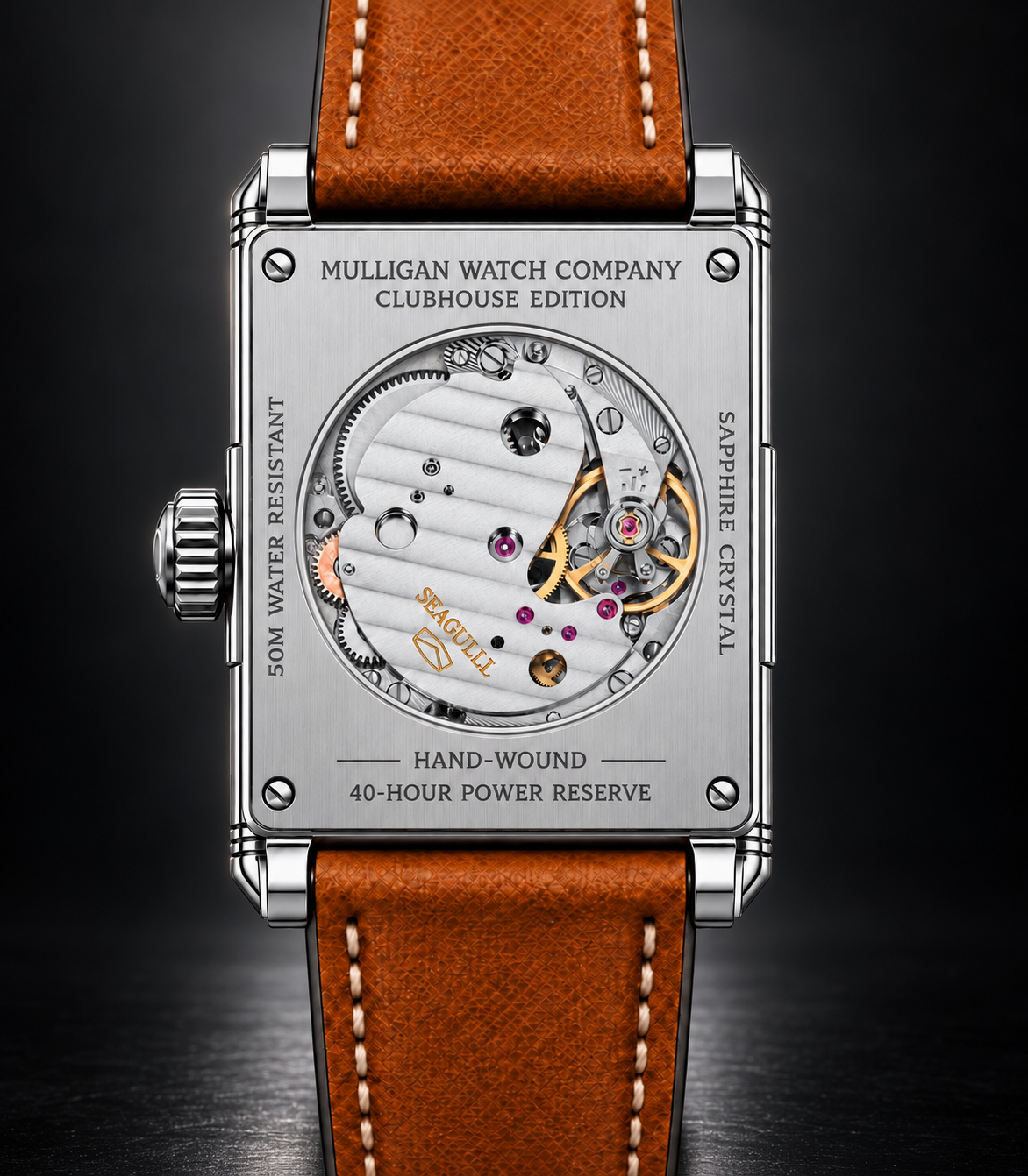 Clubhouse Edition stainless steel exhibition caseback showing the hand-wound movement