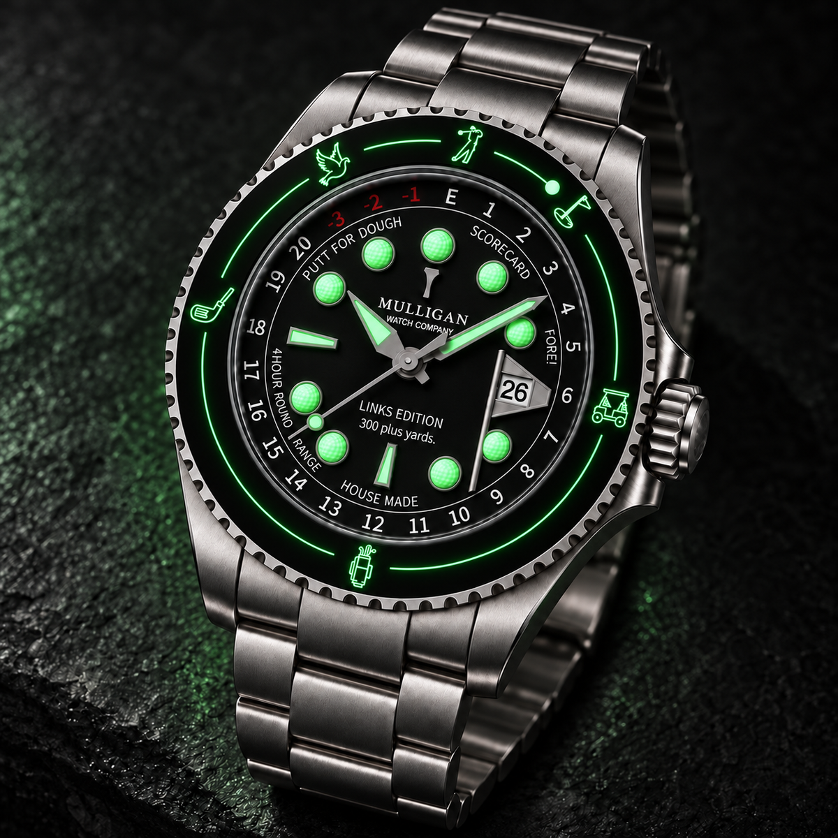 Links Edition Blackout with the Super-LumiNova dial glowing in the dark