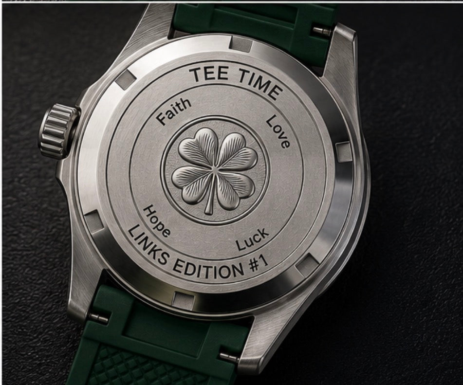 Links Edition engraved caseback, Tee Time, Faith Love Hope Luck, on a green strap