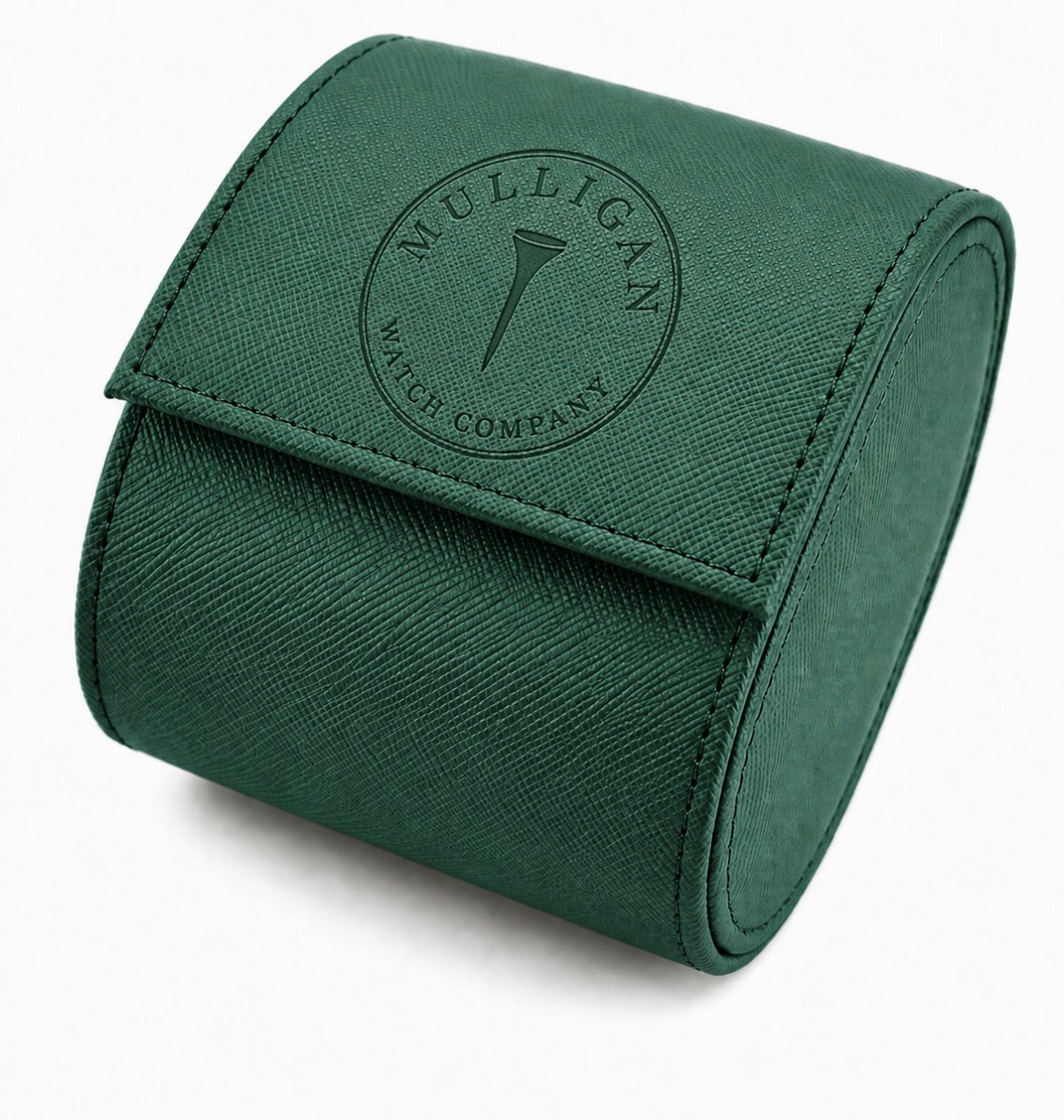 Mulligan Watch Company green leather watch roll with embossed tee logo